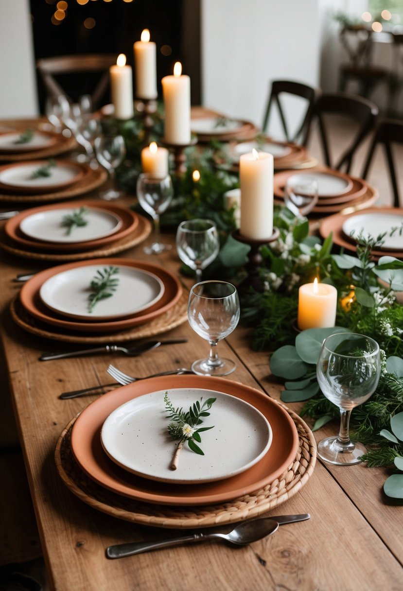 Rustic terracotta dinner plates arranged on a wooden table with greenery and candles for a wedding reception