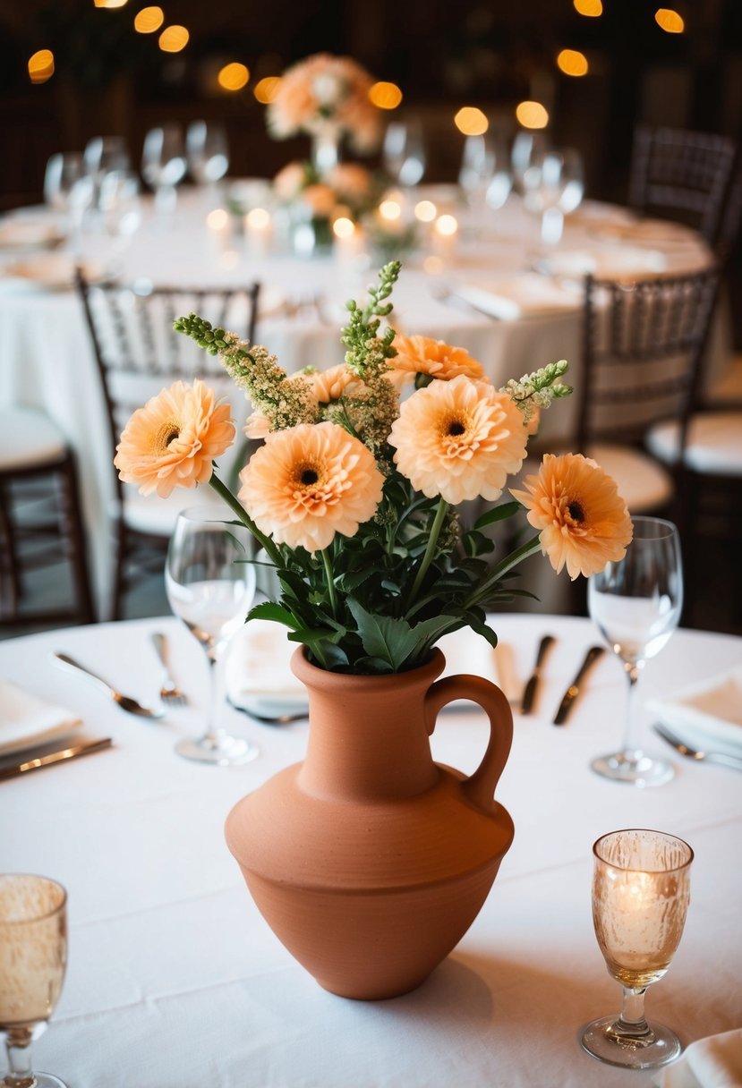 A terracotta vase filled with peachy flowers sits as a centerpiece on a wedding reception table