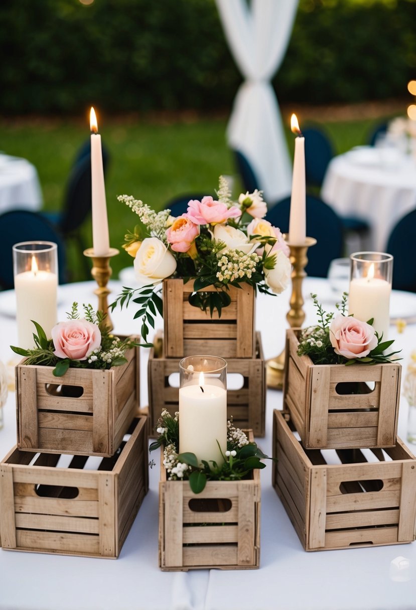 Miniature crates arranged on a wedding table, adorned with flowers and candles, creating a charming and unique centerpiece