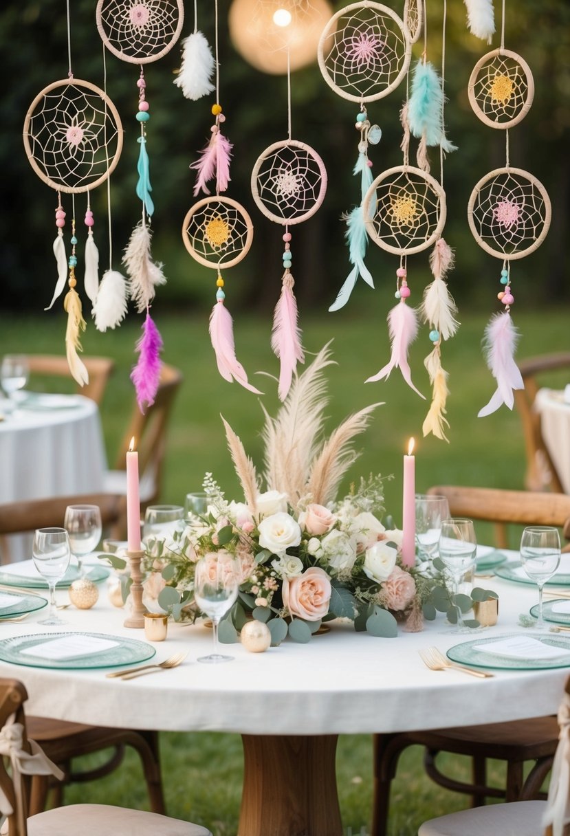 A circular wedding table adorned with boho dream catchers in various sizes and colors, hanging from the center and creating a whimsical and romantic atmosphere