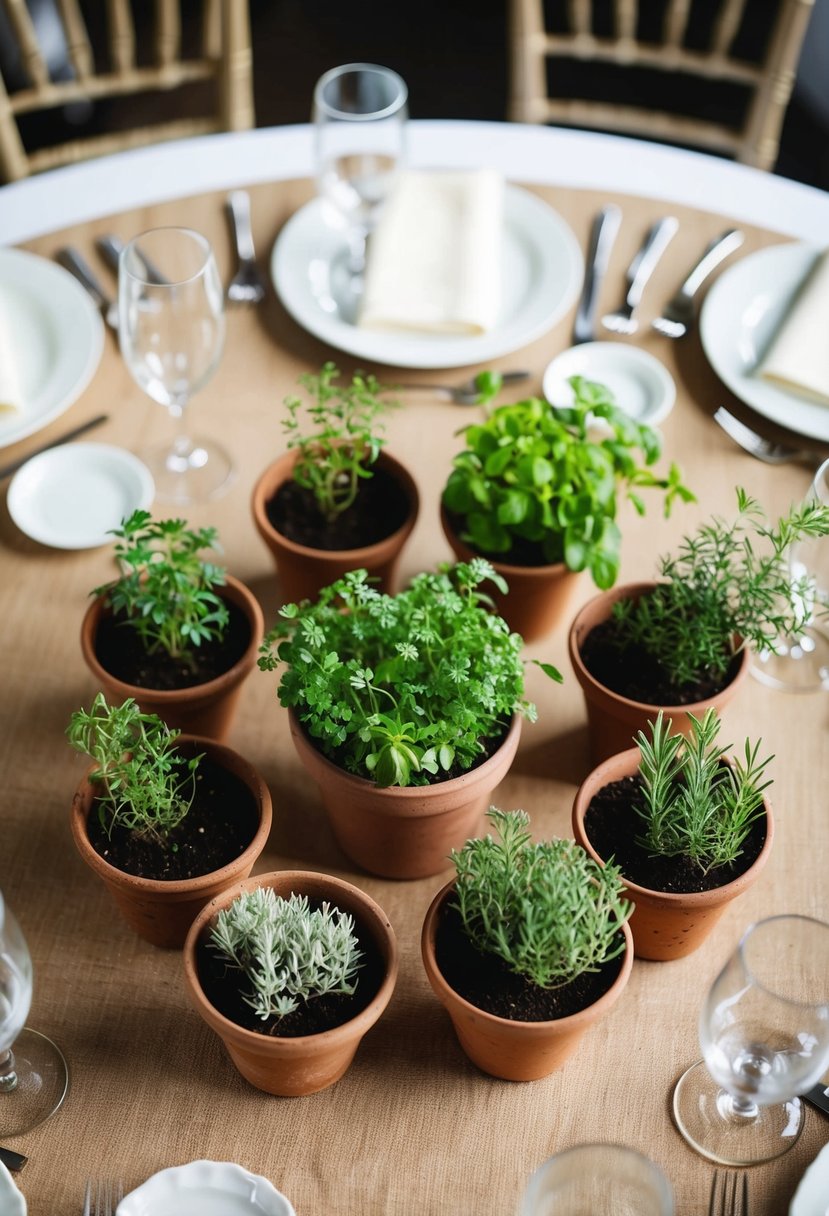 A circular wedding table adorned with miniature herb gardens in rustic pots, creating a fresh and natural centerpiece