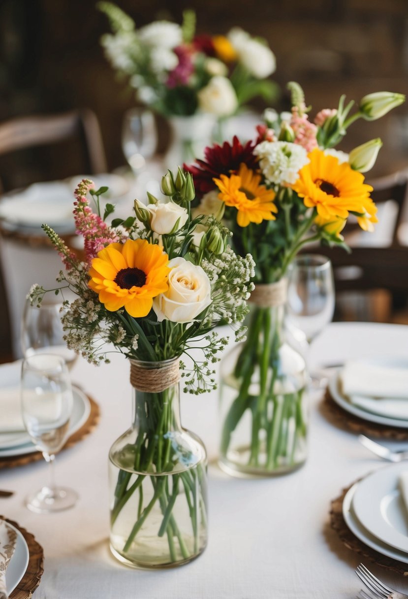 Bud vases filled with seasonal flowers adorn a rustic wedding table