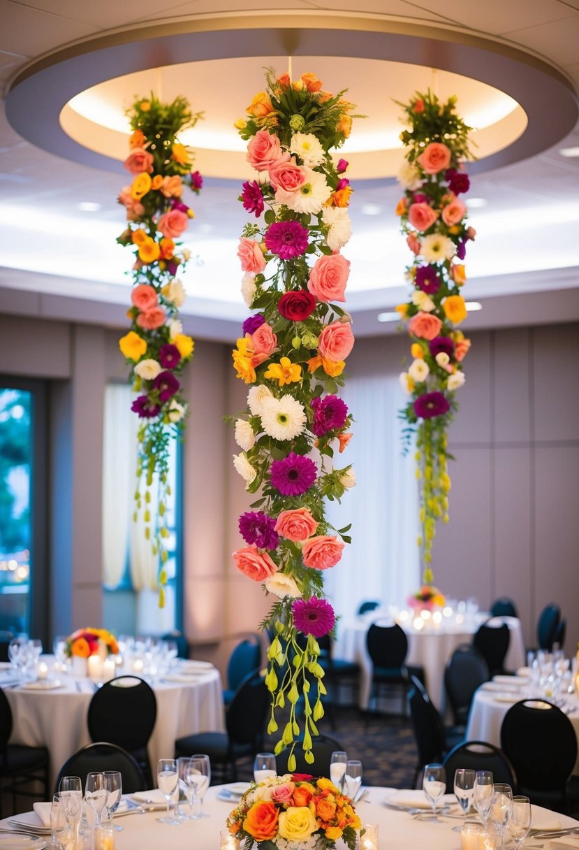 Colorful flower bouquets hang from the ceiling, creating a circular wedding table decoration. The vibrant blooms cascade down, adding a touch of elegance to the celebration