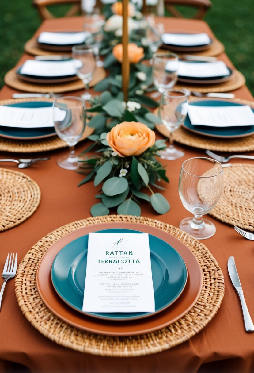 A terracotta-themed wedding table with rattan placemat settings and decorative elements