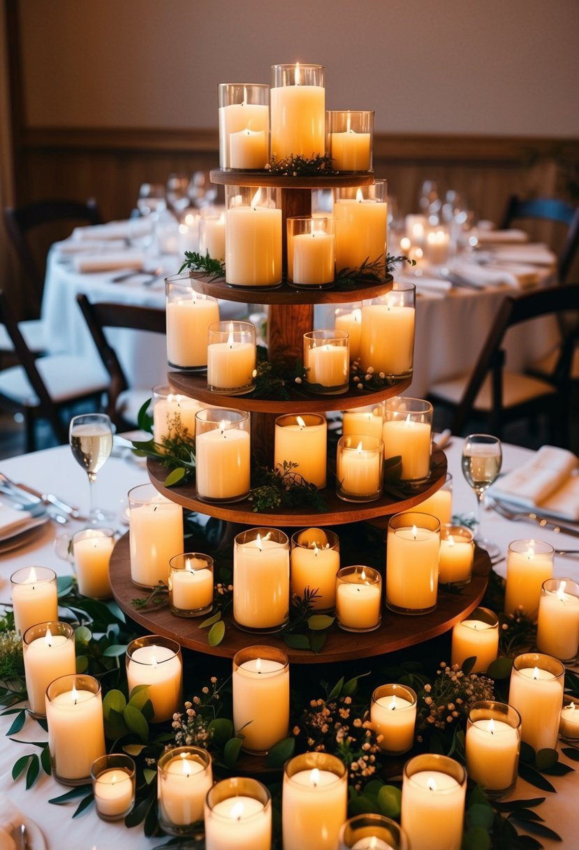 A multi-level arrangement of candles adorns a wedding table, creating a charming and romantic ambiance