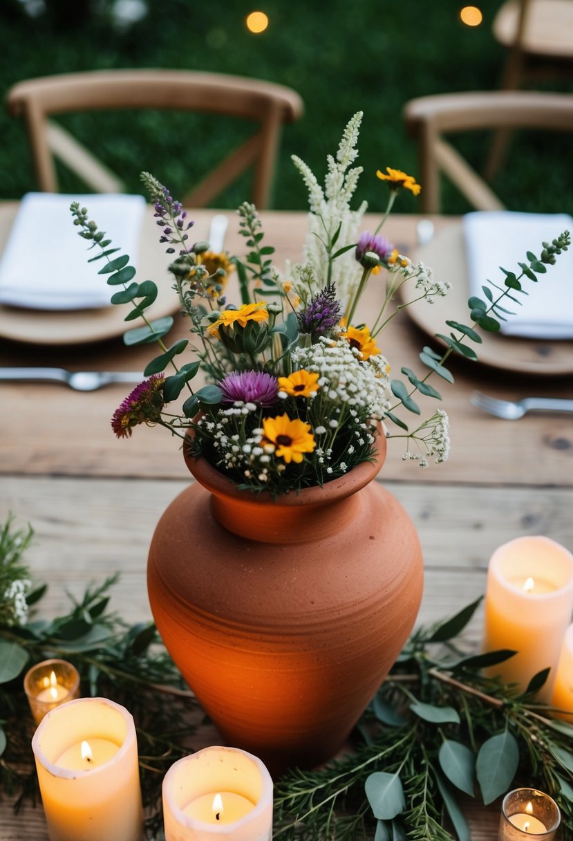 A rustic terracotta vase filled with wildflowers sits atop a wooden wedding table, surrounded by flickering candles and delicate greenery