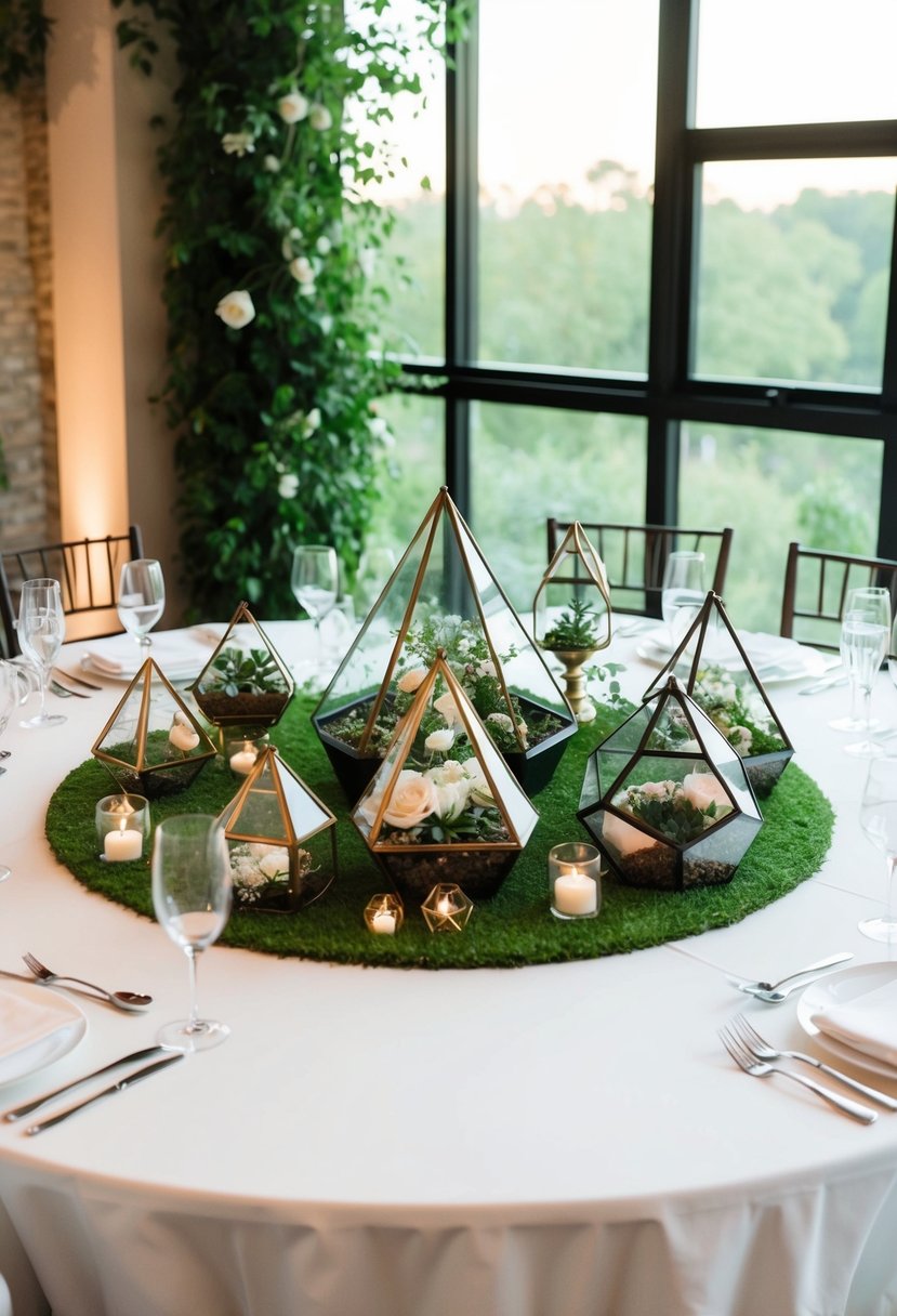 A circular wedding table adorned with geometric terrarium designs in various sizes and shapes, filled with lush greenery and delicate flowers