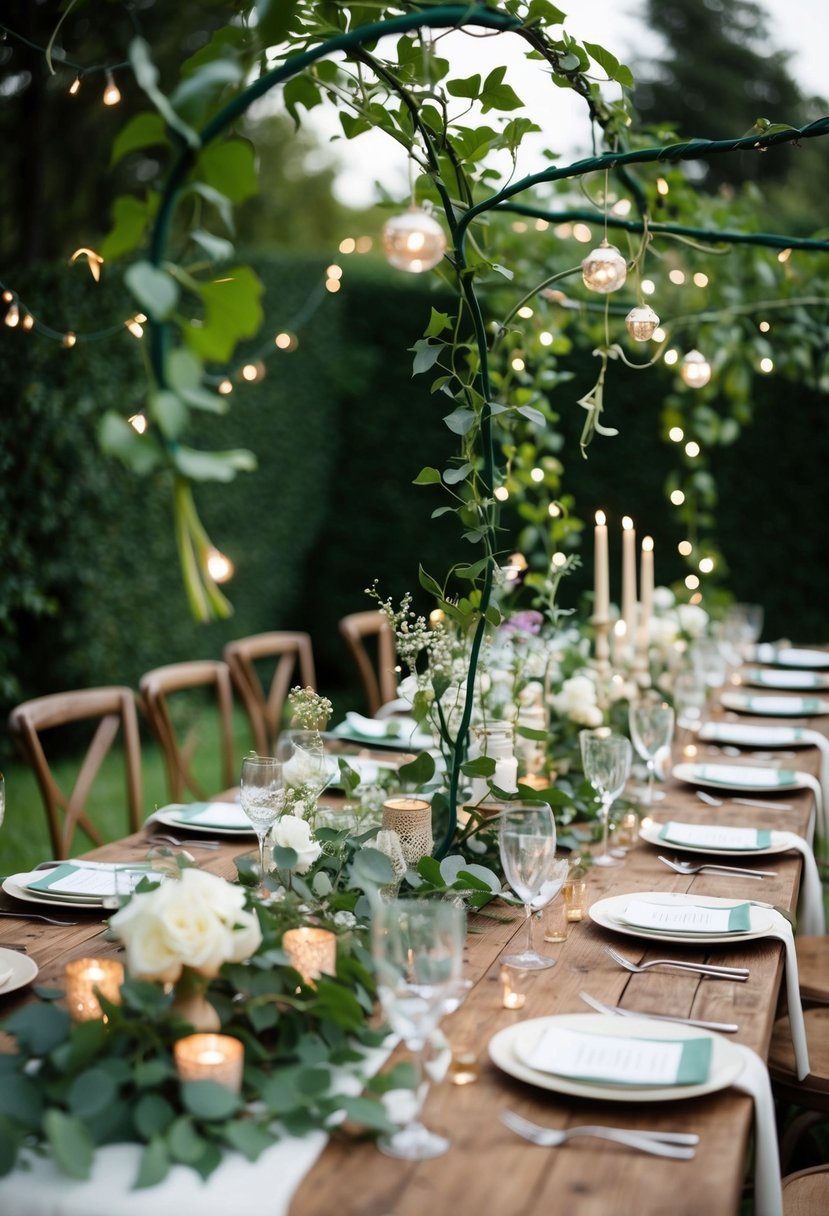 A dark green vine winds around a rustic wedding table, adorned with charming decorations and delicate accents