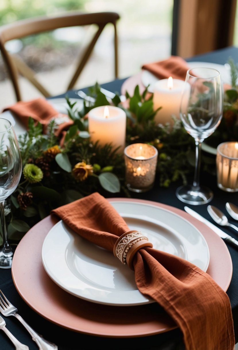 A table set with boho terracotta napkin rings, surrounded by earthy wedding decor and greenery