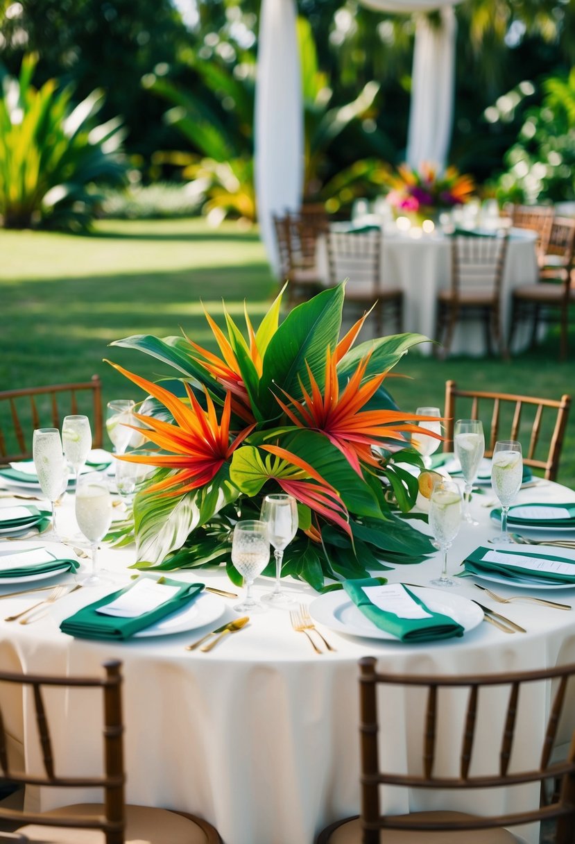 A circular table adorned with vibrant tropical leaves, creating a lush and colorful wedding centerpiece