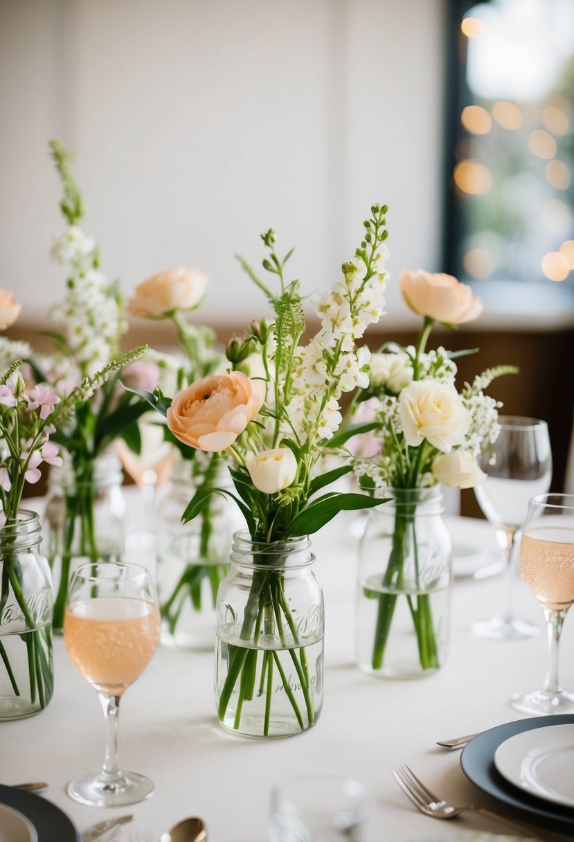 Delicate flowers arranged in glass jars as wedding table decor