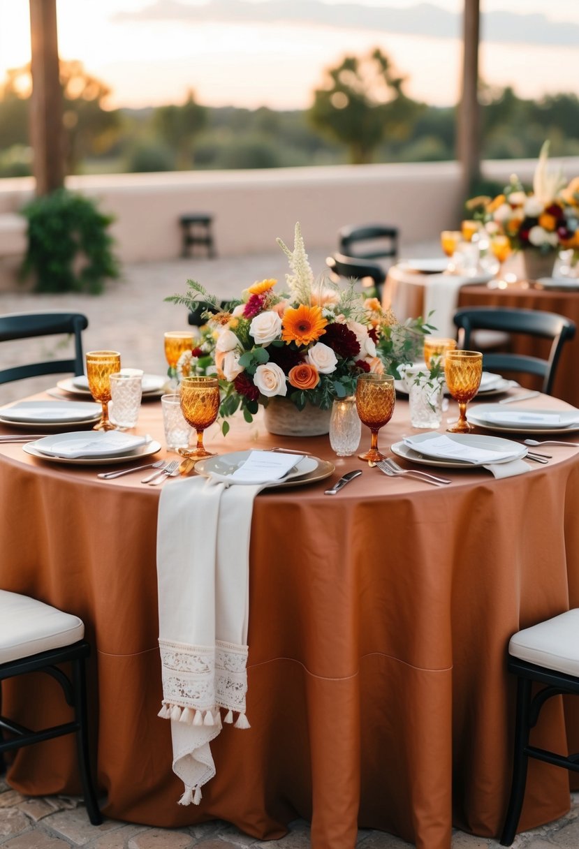 A terracotta table adorned with sunset tone flower arrangements for a wedding