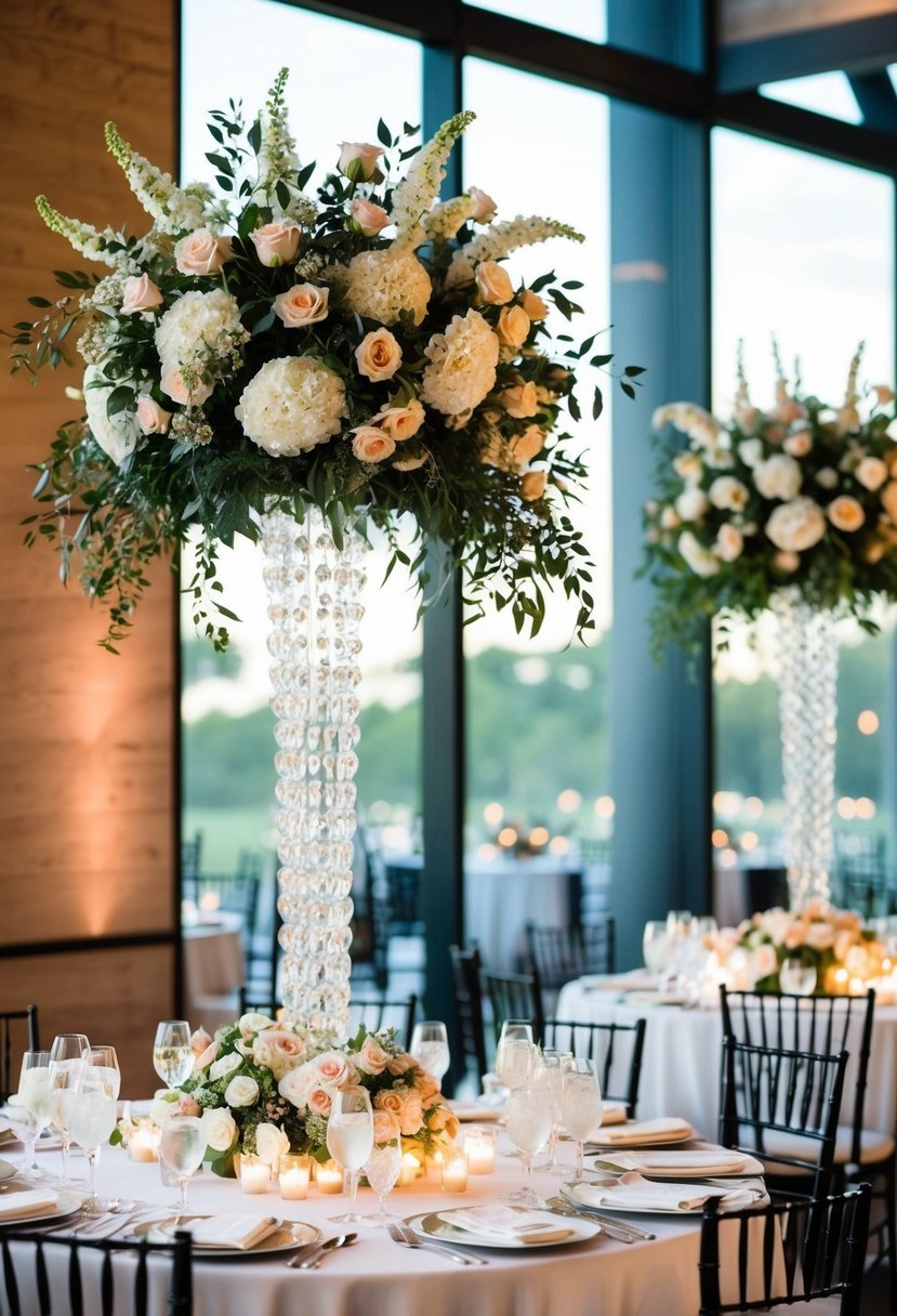 Tall floral centerpieces adorn elegant wedding tables