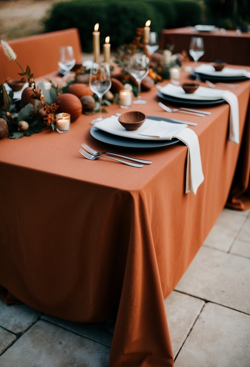 A terracotta tablecloth drapes over a table, adorned with earthy-colored decorations for a wedding celebration