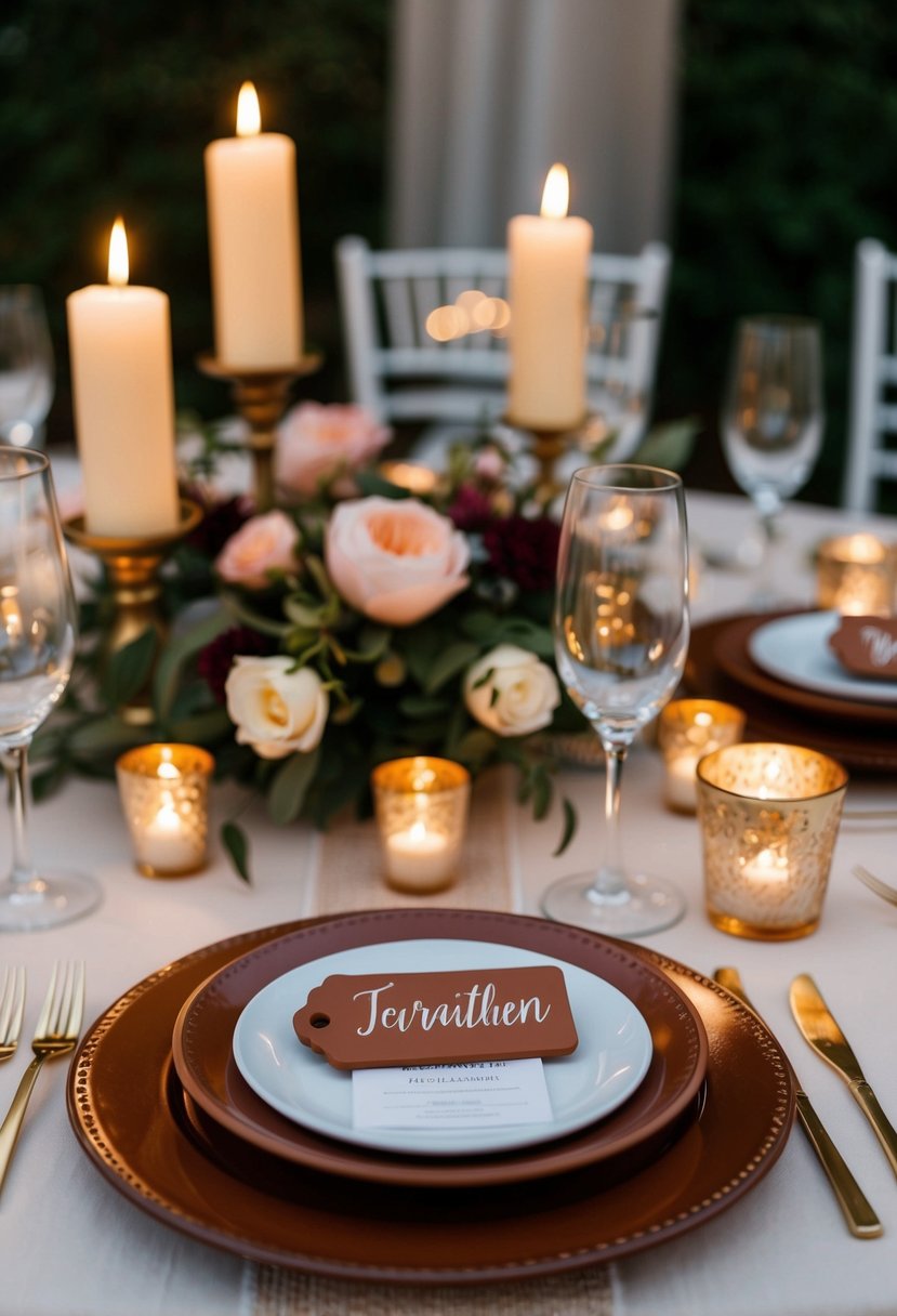 A table set with personalized terracotta name tags, surrounded by floral centerpieces and flickering candlelight