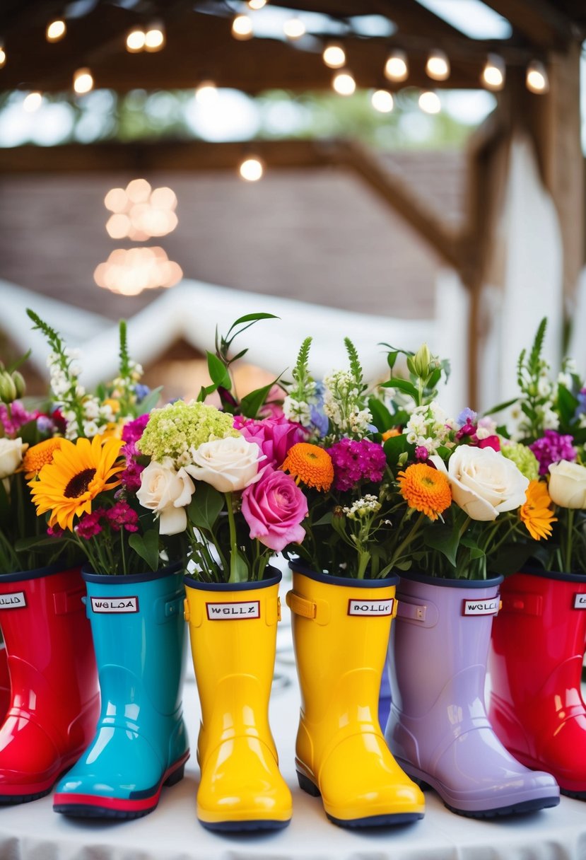 Colorful wellies filled with flowers arranged on a wedding table