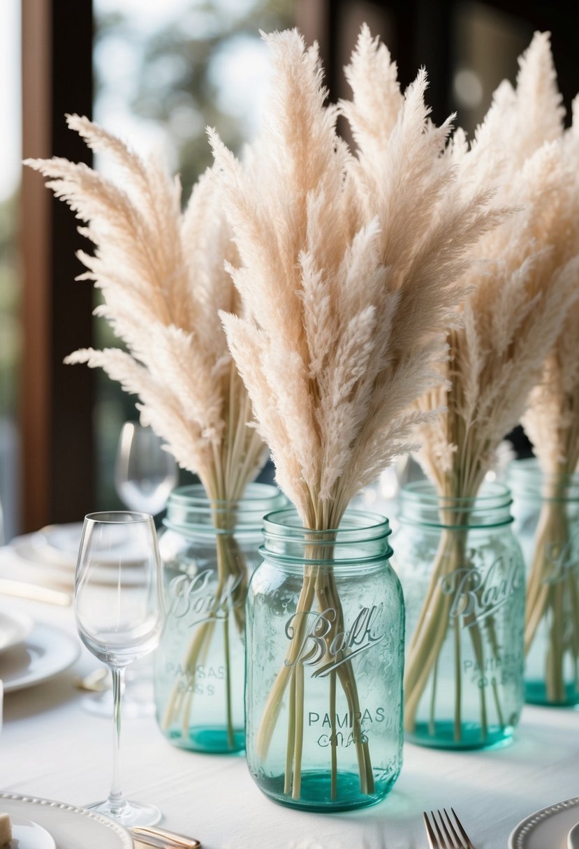 Jars filled with delicate pampas grass arranged on a wedding table