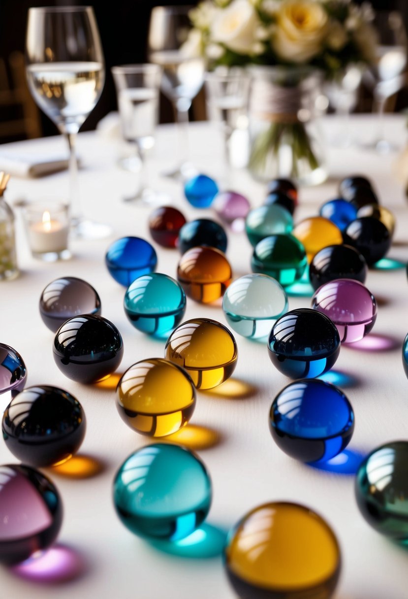 Arrangement of flat glass marbles in various colors and sizes, scattered across a table as charming wedding decorations