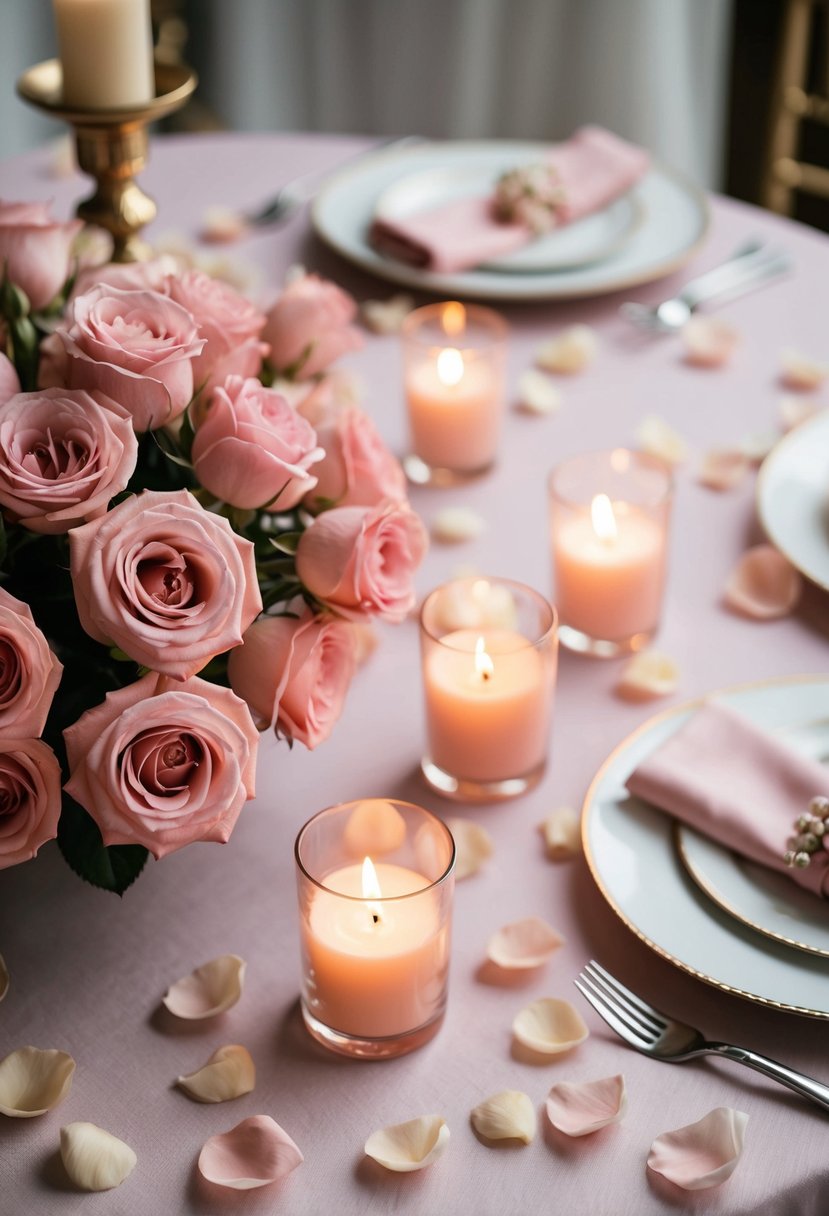 A table adorned with blush pink roses, scattered petals, and flickering candles