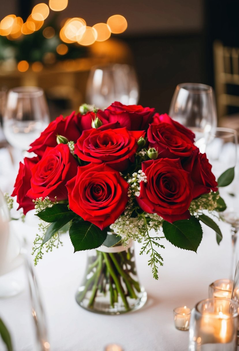 A red rose centerpiece adorns a wedding table, exuding elegance and romance