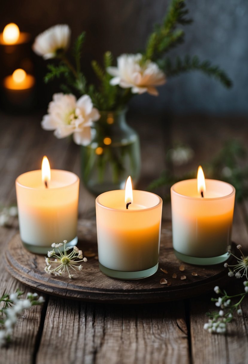 Three votive candles arranged on a rustic wooden table, surrounded by delicate floral accents and soft candlelight