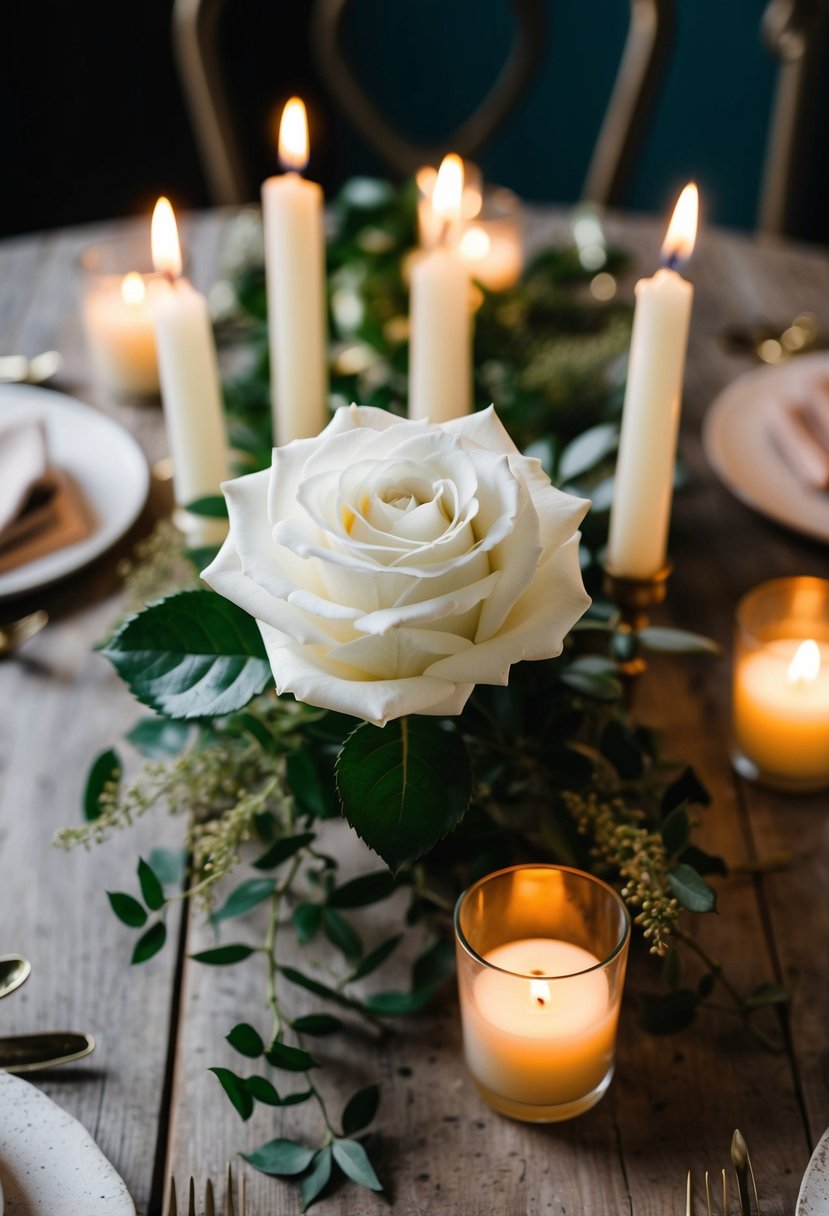 A white rose centerpiece sits on a rustic wooden table, surrounded by flickering candles and delicate greenery