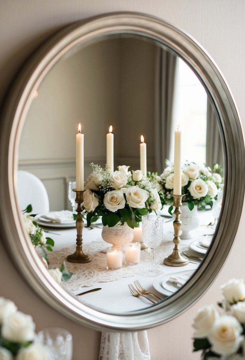 A round mirror reflects a table adorned with white roses, candles, and delicate lace, creating an elegant and romantic wedding centerpiece