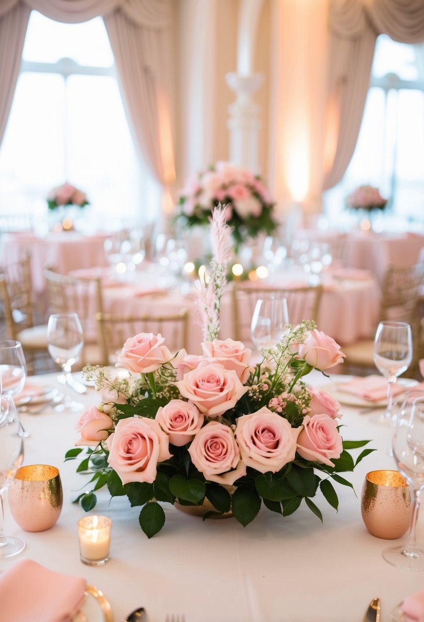 A table adorned with pink charm centerpieces, featuring delicate roses and elegant decor for a wedding celebration