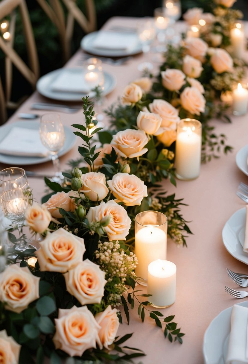 A table adorned with peach roses, delicate greenery, and soft candlelight for a romantic wedding setting