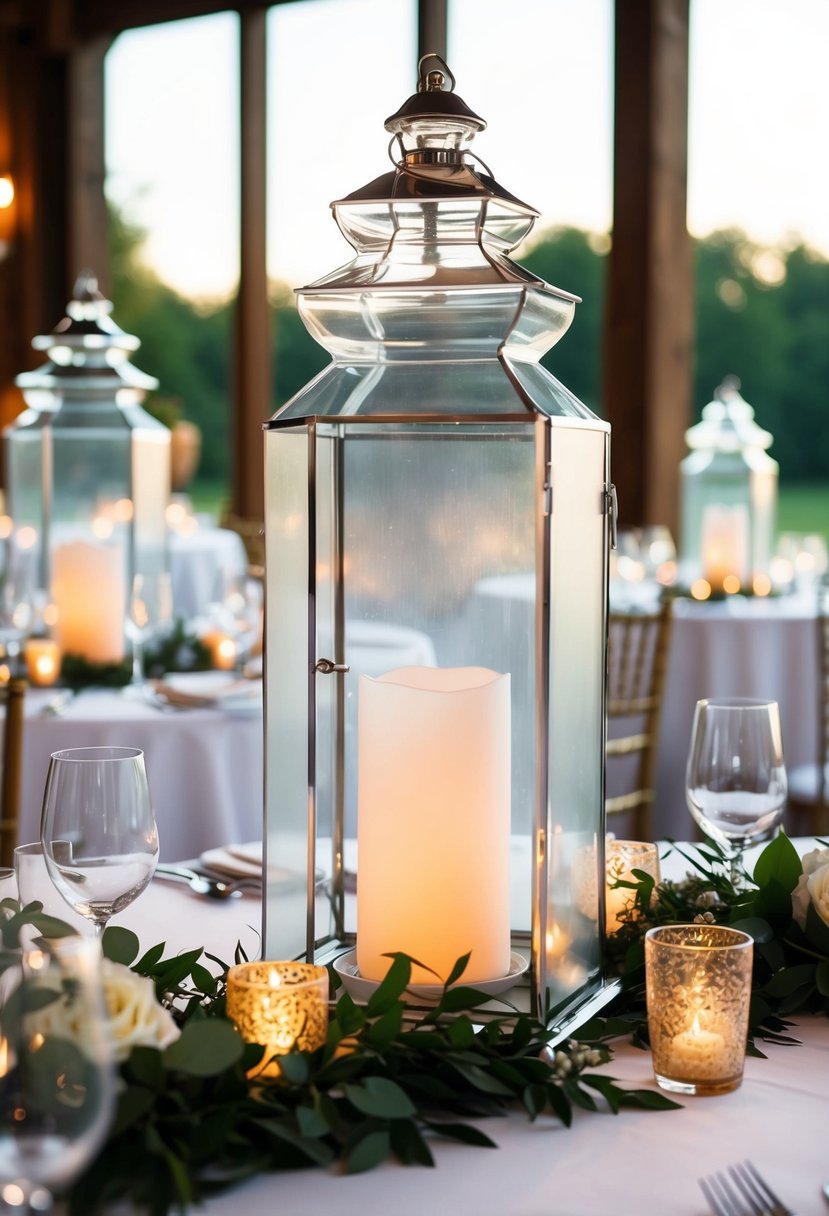 Elegant frosted glass hurricane lanterns adorn wedding tables