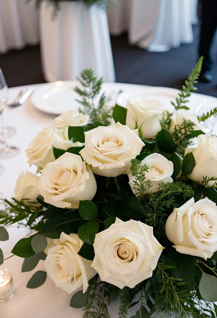 Ivory roses and greenery arranged in a centerpiece on a wedding reception table