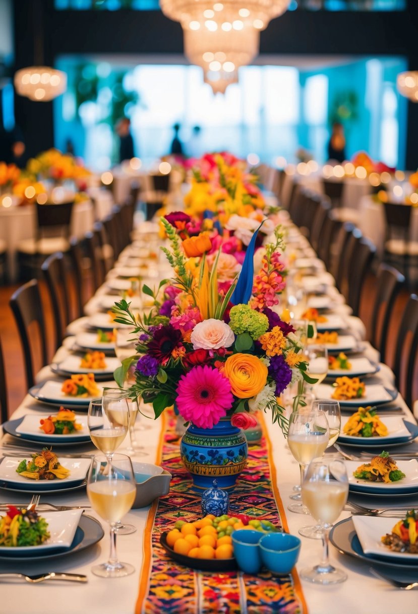 A table adorned with vibrant floral centerpieces and a mix of cultural elements such as colorful textiles, traditional ornaments, and diverse culinary delights