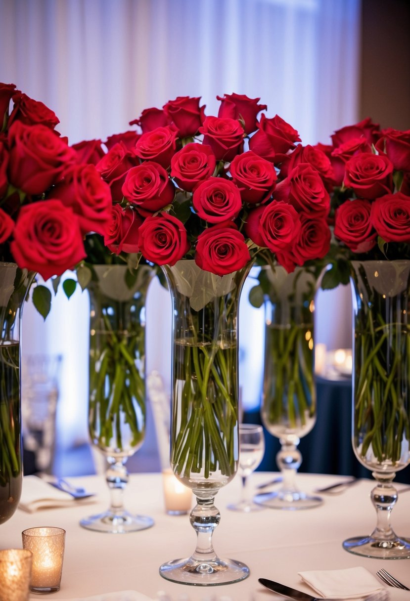 Tall glass vases filled with vibrant red roses sit elegantly on a wedding reception table, creating a stunning and romantic centerpiece