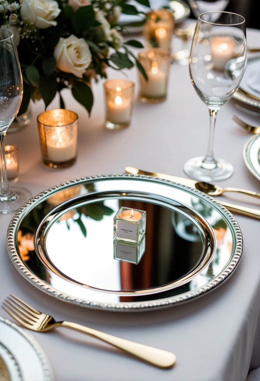 Mirrored charger plates reflect elegant wedding table decor