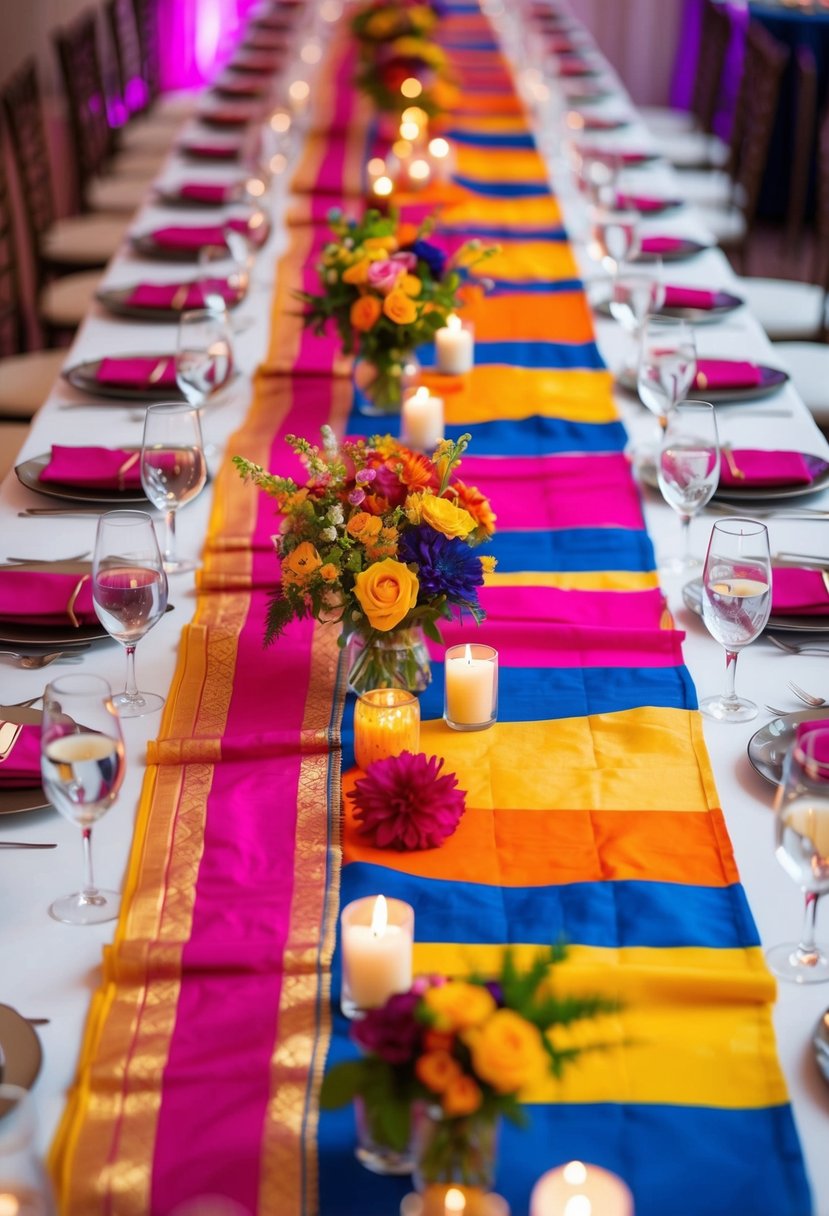 Vibrant sari table runners drape across a long banquet table, adorned with colorful flowers and candles, creating a multicultural wedding ambiance