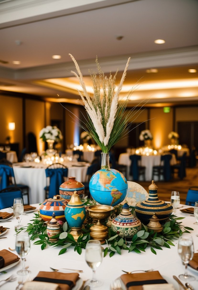 Cultural artifacts from around the world arranged as centerpieces on a wedding reception table