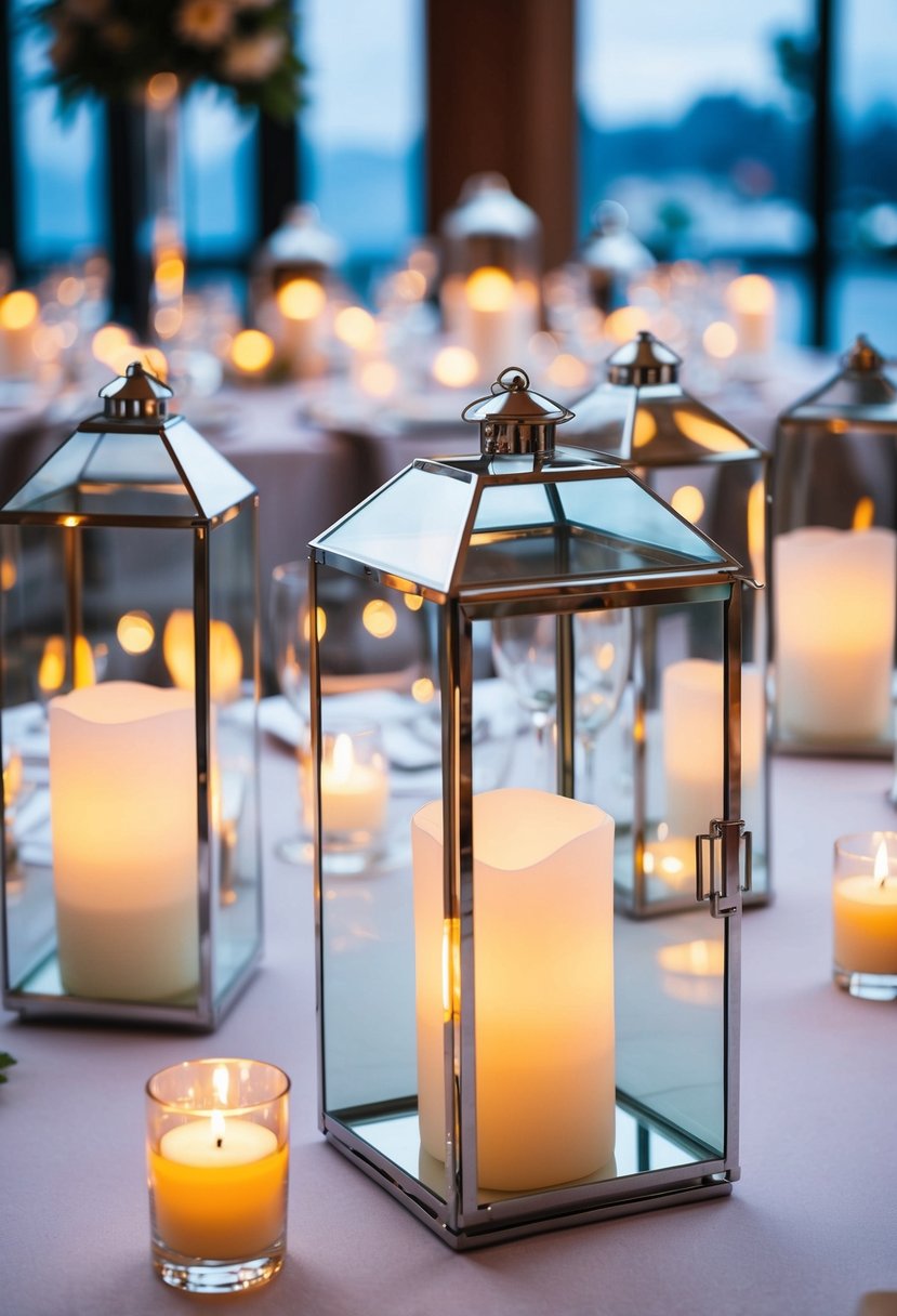 Frosted glass lanterns in various sizes adorn a wedding table, reflecting the soft glow of candlelight