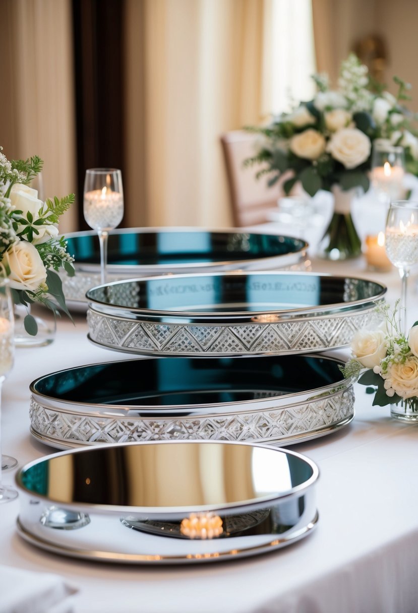 A collection of sleek, reflective trays adorned with intricate patterns and delicate details, arranged on a table with elegant wedding decor