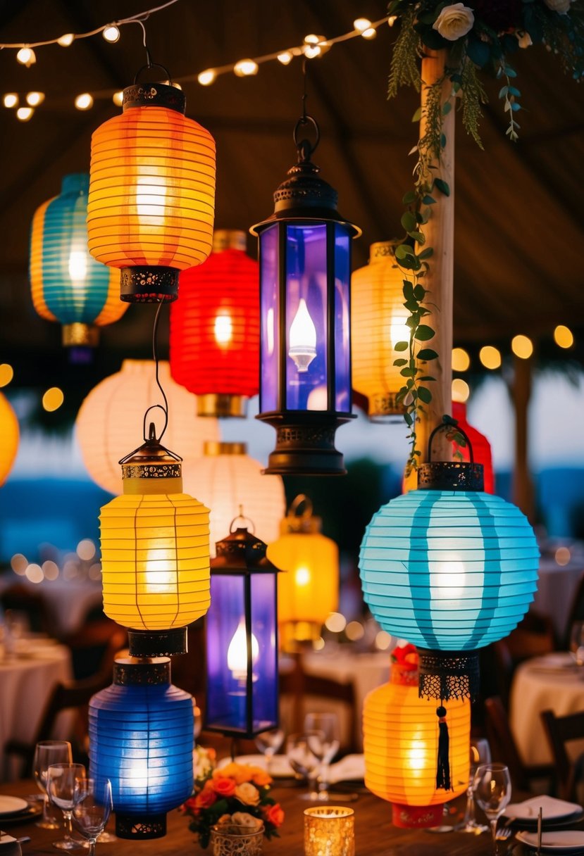 Colorful lanterns from around the world adorn a wedding table, representing diverse cultural traditions