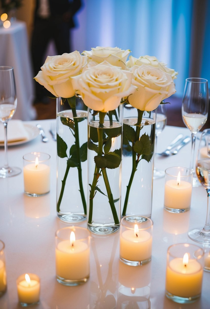 White roses submerged in clear water, surrounded by floating candles on a wedding reception table