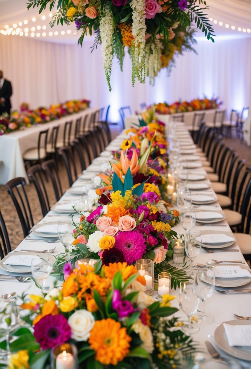 An array of vibrant floral centerpieces adorns the tables, blending various cultural elements in a multicultural wedding setting