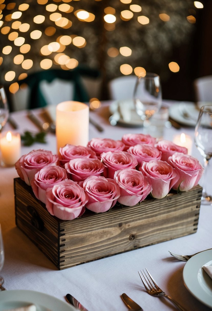 A rustic wooden box filled with pink roses sits on a wedding table