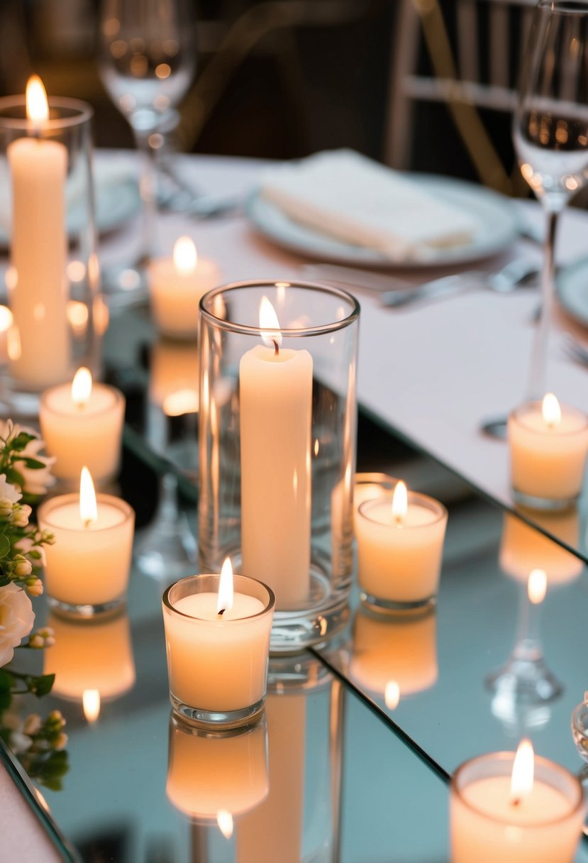 Votive candles flicker on mirrored wedding table centerpiece