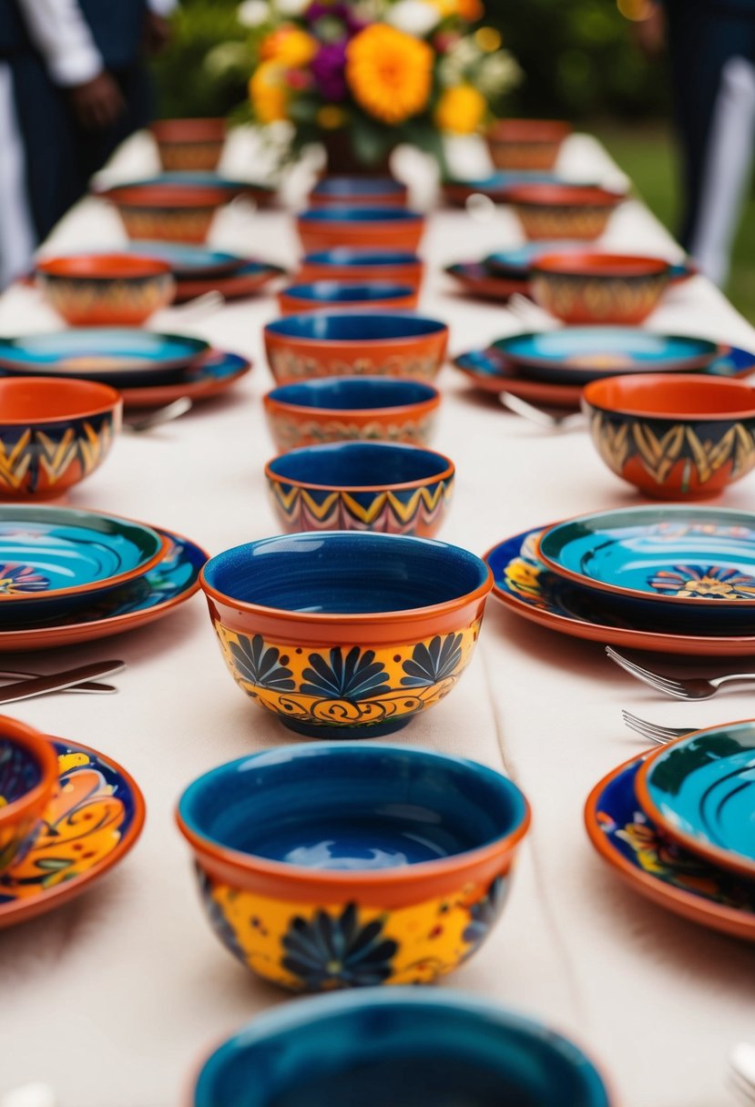 A table adorned with vibrant, hand-painted pottery in a multicultural wedding setting