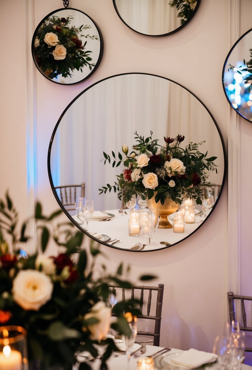 Circular glass mirrors reflect floral centerpieces and candlelight at a wedding reception