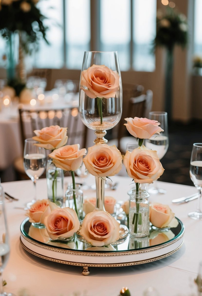 A mirror base adorned with floating roses, a wedding table decoration idea