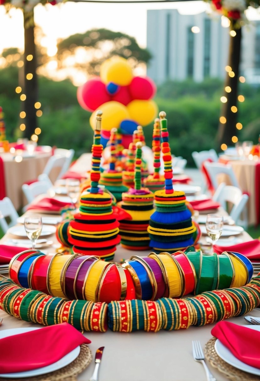 Colorful cultural dance props arranged as table accents for a multicultural wedding celebration