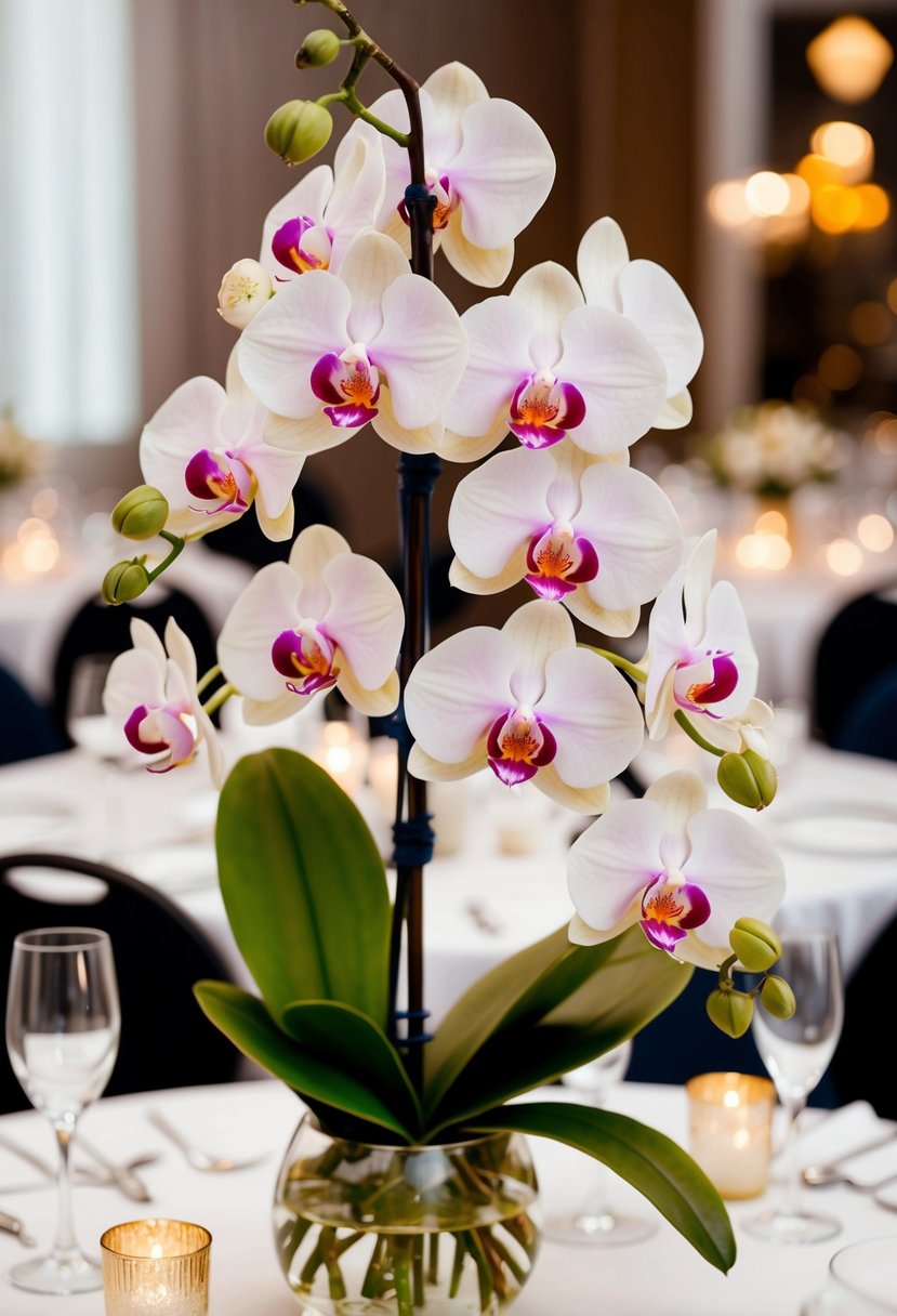 A delicate orchid and rose centerpiece adorns a wedding table, creating a harmonious and elegant atmosphere