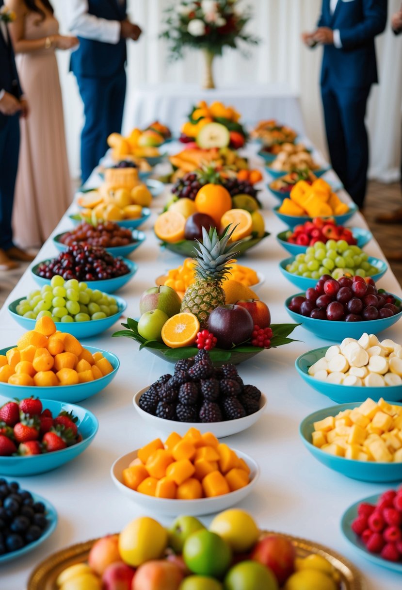 A table adorned with diverse fruit displays, representing various cultures, for a multicultural wedding celebration