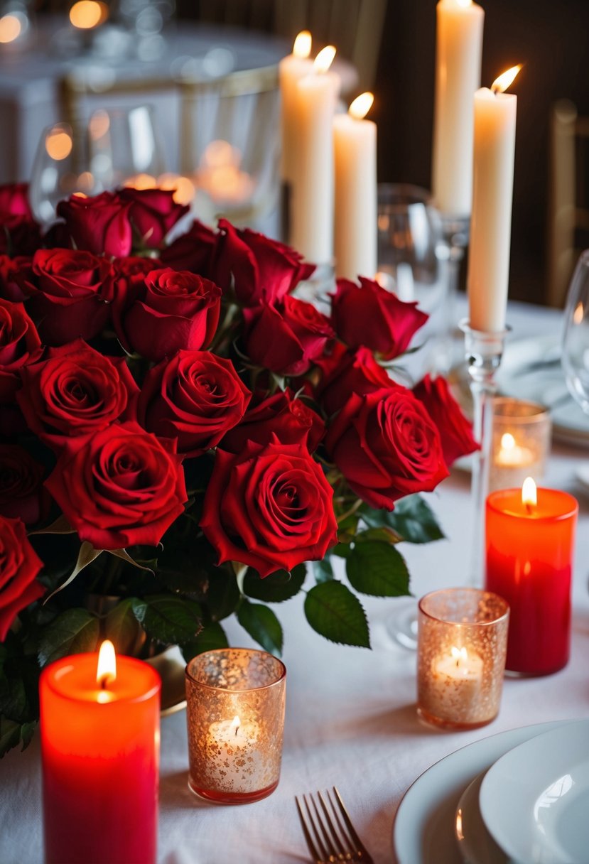 A table adorned with red roses and flickering candles creates a romantic wedding ambiance